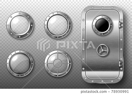Portholes and metal door in spaceship or submarine 78930991