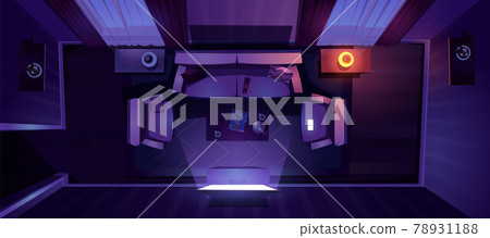 Living room with sofa and tv at night top view 78931188
