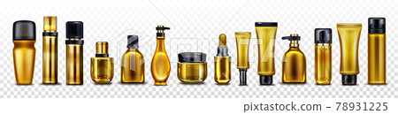 Vector mockup of golden cosmetic bottles and tubes 78931225