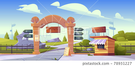 Zoo gates with pointers to wild animals cages 78931227