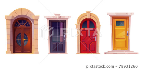 Wooden front doors with stone frame isolated on white background. Vector  cartoon set of house entrance, red, brown and yellow closed doors with  knobs and windows for building facade Stock Vector Image