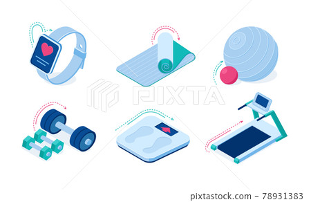 Home sport workout equipment isometric icons set 78931383