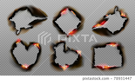 Burnt holes in paper with fire and black ash Burnt holes in paper with fire and black ash 78931447