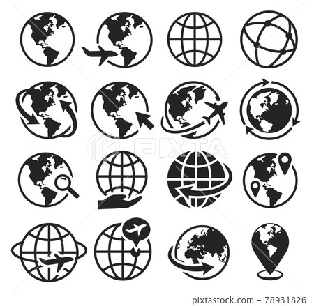 Earth icons. International communication, internet, go to web, worldwide traveling by plane. Globe world geography symbol silhouette vector set Earth icons. International communication, internet, go to web, worldwide traveling by plane. Globe world geography symbol silhouette vector set 78931826