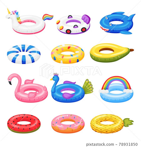 Swimming toy. Cartoon rubber inflatable rings in various shapes unicorn, flamingo, watermelon. Pool accessories beach inflatables toys vector set Swimming toy. Cartoon rubber inflatable rings in various shapes unicorn, flamingo, watermelon. Pool accessories beach inflatables toys vector set 78931850