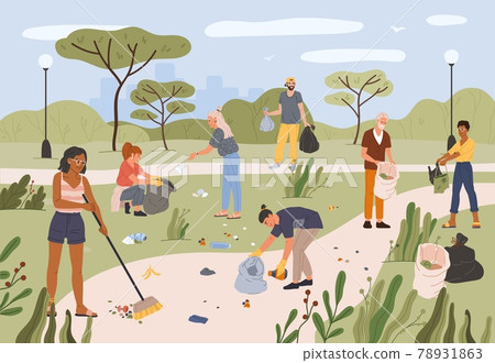 People collecting garbage in city park. Men and women volunteers cleaning park together from trash and plastic waste flat vector illustration People collecting garbage in city park. Men and women volunteers cleaning park together from trash and plastic waste flat vector illustration 78931863