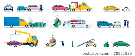 Car accidents. Damaged or crashed transport, vehicles collision. Driver calling insurance company. Road accident with cars and drivers vector set Car accidents. Damaged or crashed transport, vehicles collision. Driver calling insurance company. Road accident with cars and drivers vector set 78931889