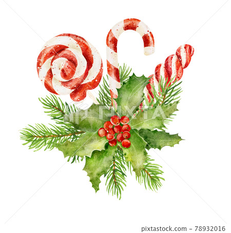 Watercolor christmas candies with decorative holly isolated on white background. Christmas decorative elements. Watercolor christmas candies with decorative holly isolated on white background. Christmas decorative elements. 78932016