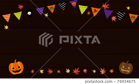 Japanese style Halloween background material. Wood grain black background. Jack O Lantern and Autumn Leaves (16: 9 ratio) 78934675