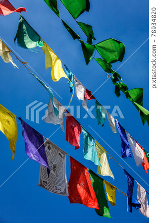 Buddhist prayer flags lunga in McLeod Ganj, Himachal Pradesh, India 78934820