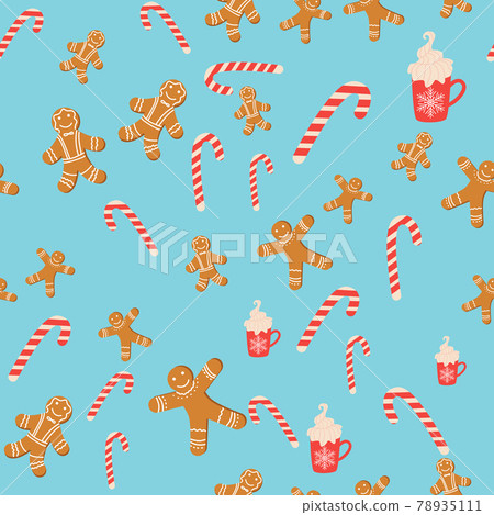 Seamless background for Christmas with gingerbread man, cane lollipop, cup of cocoa. Winter holiday Seamless background for Christmas with gingerbread man, cane lollipop, cup of cocoa. Winter holiday 78935111