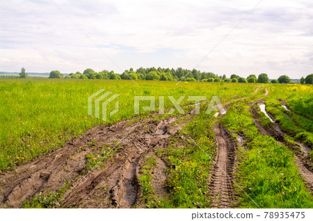Blurred muddy road track after rain in the field Blurred muddy road track after rain in the field 78935475