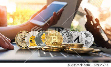 Cryptocurrency Bitcoin BTC with ETH Ethereum, DOGE Dogecoin, ADA Cardano, XRP Ripple, XMR Monero, altcoin digital coin crypto currency, defi p2p decentralized fin tech stock market and mobile banking 78935764