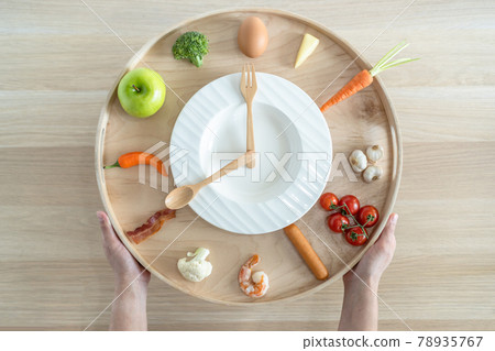 IIntermittent fasting IF and keto diet concept with hour clock timer for eating nutritional or ketogenic food low carb, high fat and protien food meal healthy dish and skipping meal for weight loss IIntermittent fasting IF and keto diet concept with hour clock timer for eating nutritional or ketogenic food low carb, high fat and protien food meal healthy dish and skipping meal for weight loss 78935767