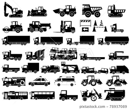 Various working vehicles black and white silhouette (heavy machinery, trucks, emergency vehicles, buses, agricultural machinery) Various working vehicles black and white silhouette (heavy machinery, trucks, emergency vehicles, buses, agricultural machinery) 78937089