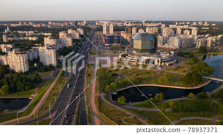View from the roof of the National Library in Minsk at sunset. Belarus, public building 78937371