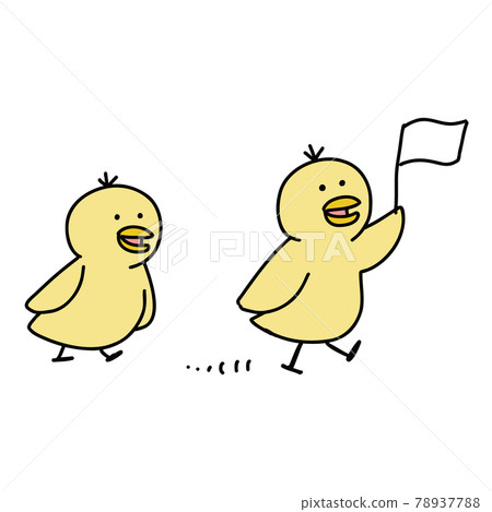 Two chicks walking with a flag Two chicks walking with a flag 78937788