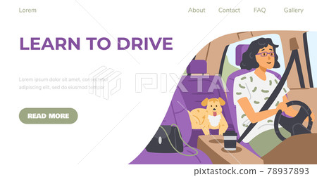 Website banner for driving school with woman driver, flat vector illustration. Website banner for driving school with woman driver, flat vector illustration. 78937893