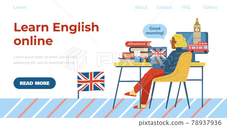 English online web banner with woman studying English, flat vector illustration. 78937936