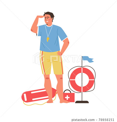 Lifeguard man with various rescue equipment, flat vector illustration isolated. 78938151