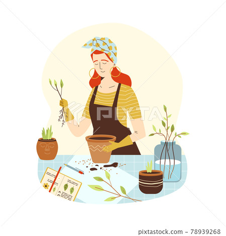 Urban jungle concept with woman planting houseplants, flat vector isolated. 78939268