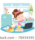 Happy woman is cooking food in her kitchen  by using recipe from the internet vector illustration. 78939395