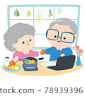Happy elderly are cooking food in kitchen  by using recipe from the internet vector illustration.  78939396