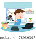 Man burnt food at his home by using recipe from the internet vector illustration.  78939397