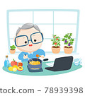 Grandfather is cooking food in his kitchen  by using recipe from the internet vector illustration. 78939398