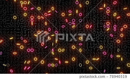 3d render. Abstract festive background with rows of toruses or rings on plane flashing neon multicolored light randomly. Black rings in the air. 78940319