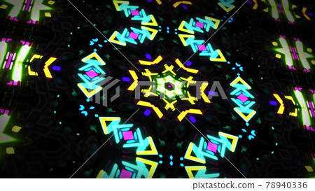 dark background with abstract symmetrical mechanism and neon light, DOF. Science fiction cyberpunk bg. 3d render 78940336