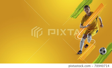Art collage. Young man, soccer footbal player training isolated in neon light background. Watercolor paints. 78940714