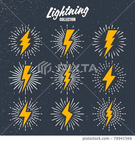 Set of yellow vintage lightning bolts and sunrays on grunge background. Lightnings with sunburst Set of yellow vintage lightning bolts and sunrays on grunge background. Lightnings with sunburst 78941569
