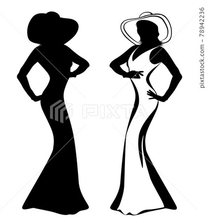 Black and white image of a woman in a hat and long dress 78942236