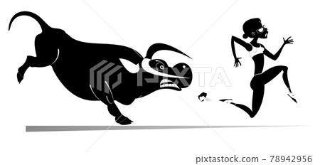 Cartoon running woman and angry bull isolated illustration. Frightened sport woman runs away from the angry bull black on white  78942956