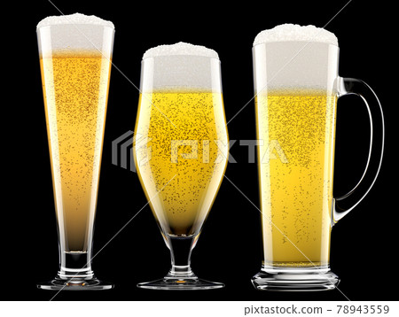 Set of fresh beer in different mugs with bubble froth isolated on black. Set of fresh beer in different mugs with bubble froth isolated on black. 78943559