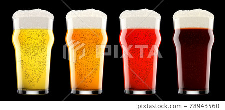 Set of glasses of fresh beer with bubble froth isolated on black background. Set of glasses of fresh beer with bubble froth isolated on black background. 78943560