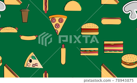 Endless green seamless pattern of delicious food and snack items icons set for restaurant bar cafe: burger, hotdog, sandwich, pizza, burrito, drink. The background 78943875