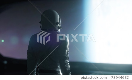 Alone astronaut looking at the huge illuminator of an unknown spaceship interior. 3d rendering 78944682