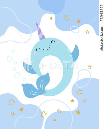 The body of a solitary whale stands upright, the tail moves, the front fin stretches out, and the background is an abstract irregular shape. 78945273