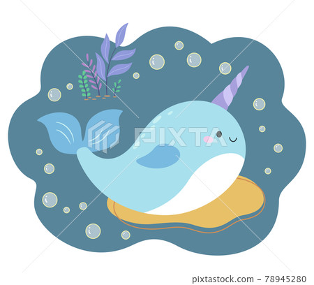 Side view of cute narwhal with many bubbles and grass in background 78945280