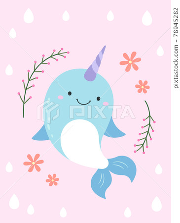 Single-horned whale body erect, tail moving, small flowers in the background 78945282