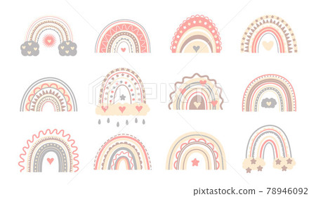 Boho cute rainbow vector in pastel colors. Baby absract rainbows Boho cute rainbow vector in pastel colors. Baby absract rainbows 78946092