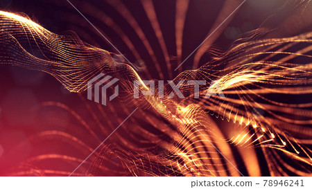 3d rendering background of microworld or sci-fi theme with glowing particles form curved lines, 3d surfaces, grid structures with depth of field, bokeh. Golden red wave forms 78946241