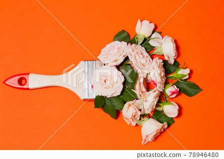 creative concept of paintbrush and white - pink rose flowers 78946480