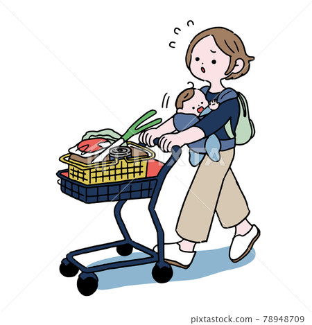 A housewife who goes shopping with a baby in a cart A housewife who goes shopping with a baby in a cart 78948709