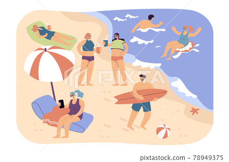 People enjoying various summer activities on beach People enjoying various summer activities on beach 78949375