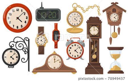 Modern or retro mechanical and electronic clocks flat item set Modern or retro mechanical and electronic clocks flat item set 78949437
