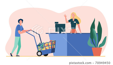 Male customer wheeling shopping cart to cash register Male customer wheeling shopping cart to cash register 78949450