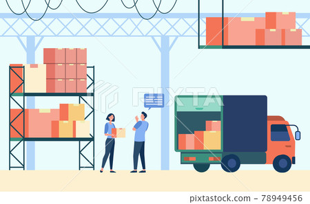Logistics worker and courier loading truck 78949456